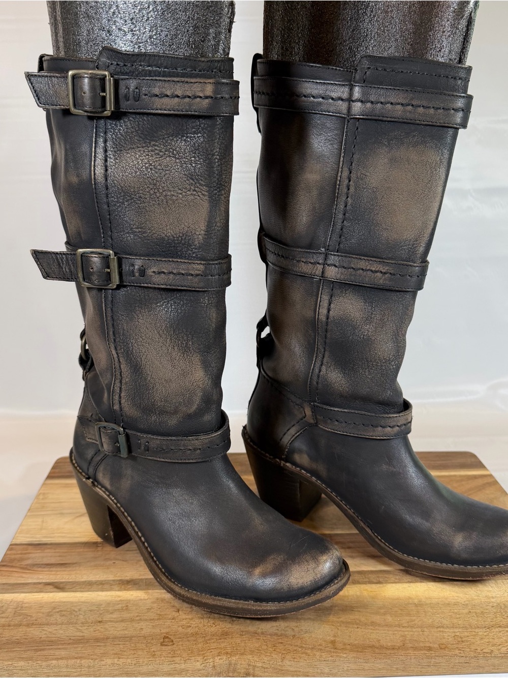 Frye Carmen Distressed Triple Strap Black Mid-Calf Buckle Leather Boots- W 8